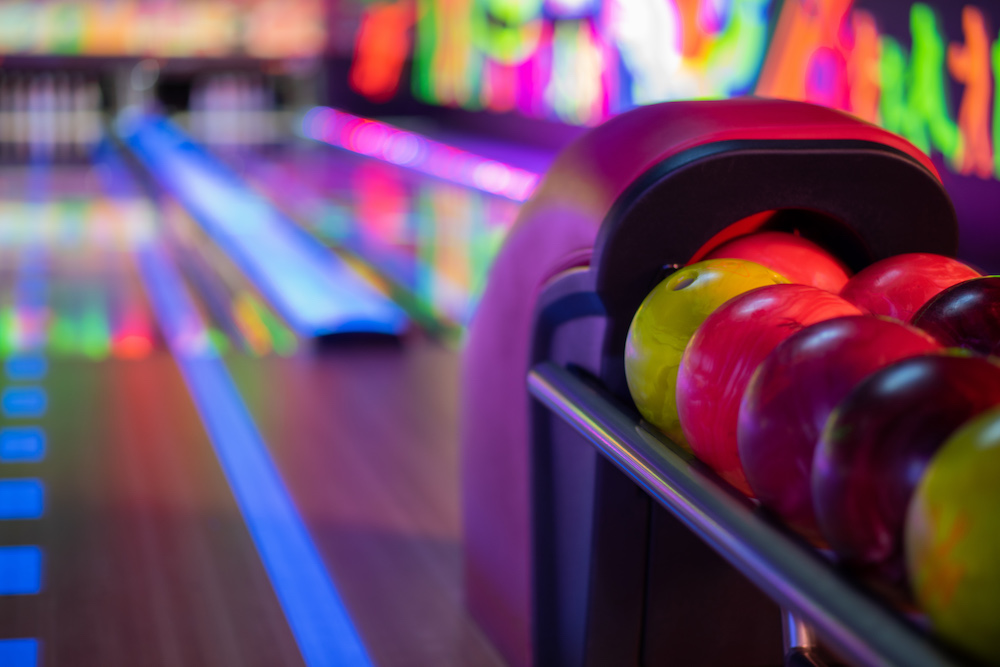 Close up shot of balls in bowling alley