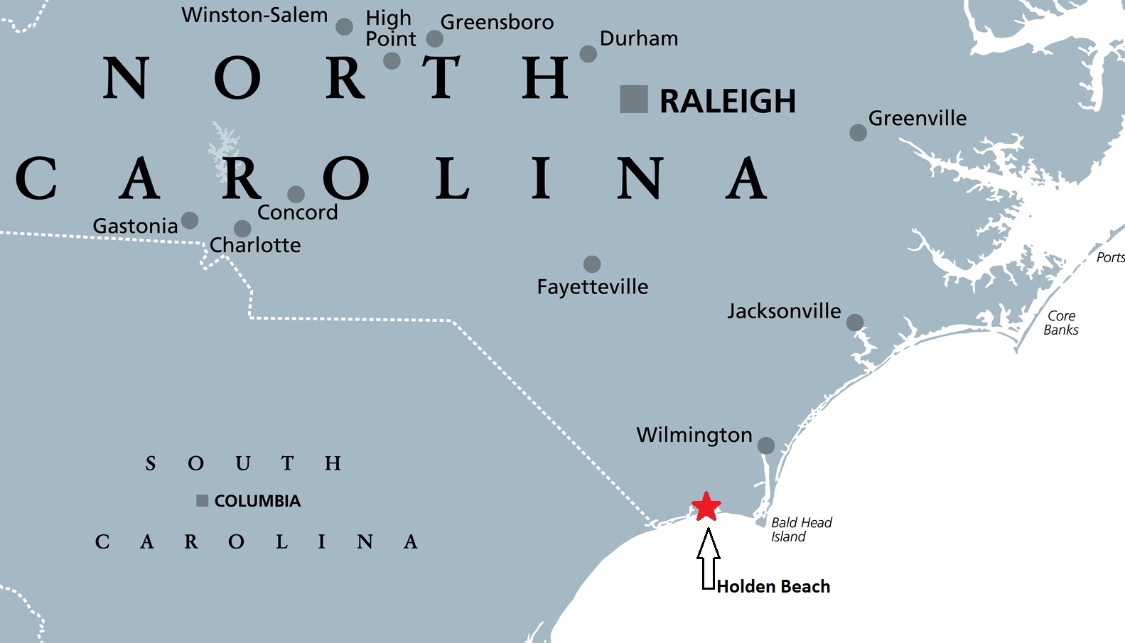 A map of north carolina with holden beach highlighted