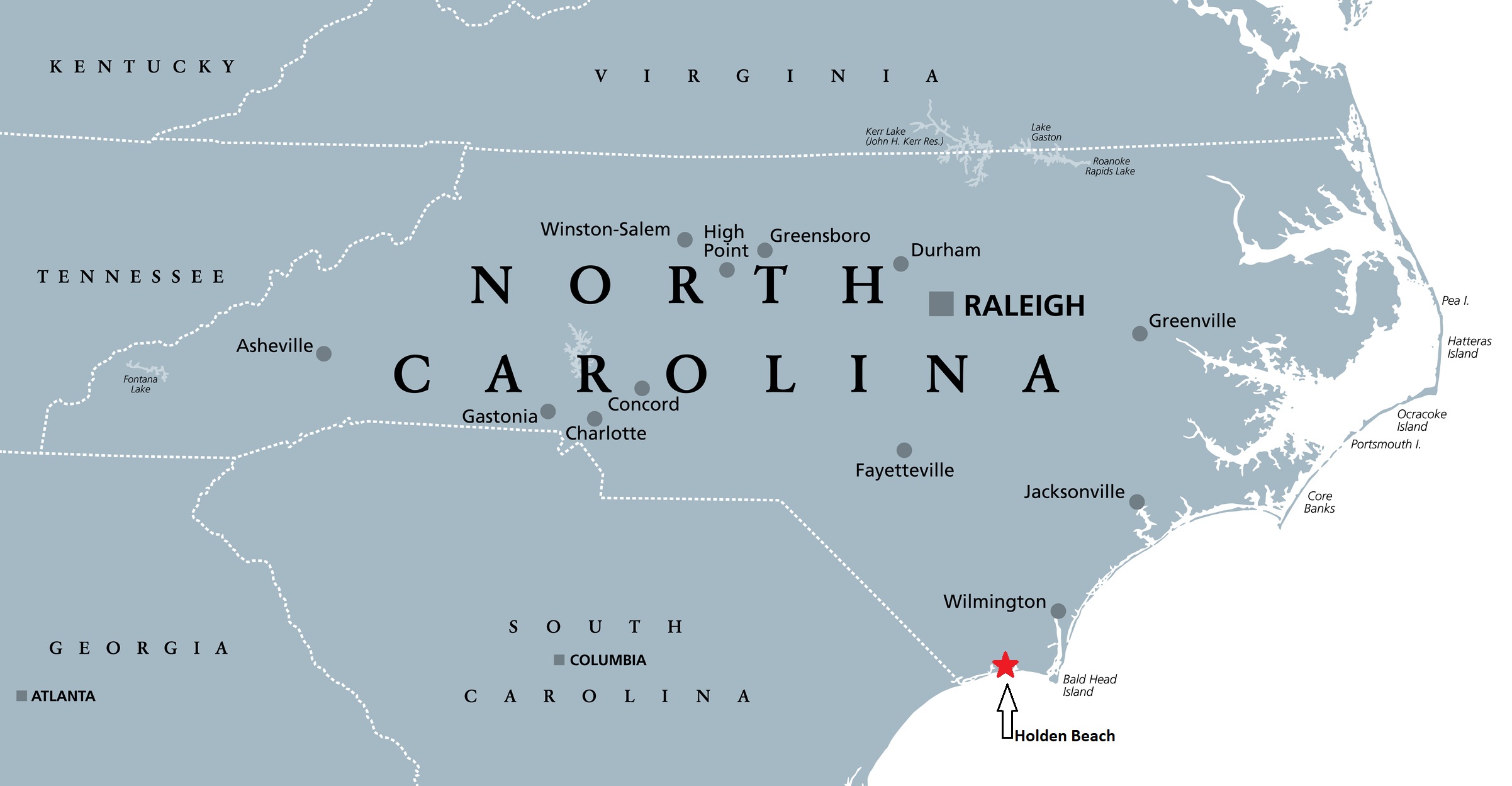 A map of north carolina with holden beach highlighted